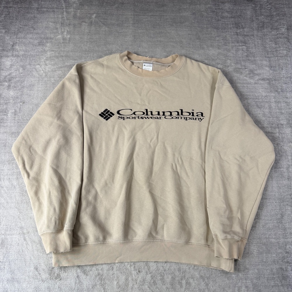 Columbia Sweatshirt Mens Large Tan Vintage Y2K Distressed Crewneck Outdoor